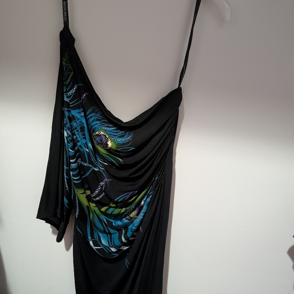 Size 10 One Shoulder Black Dress with Peacock Feather Design